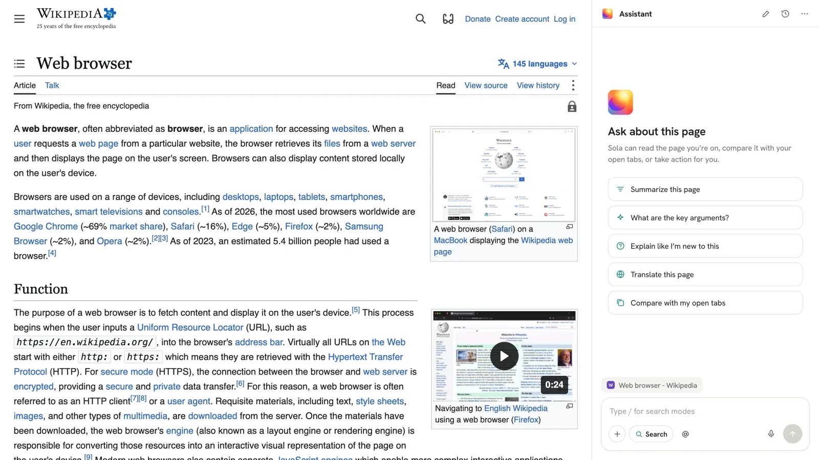 Sola with a Wikipedia article open and the Assistant panel beside it
