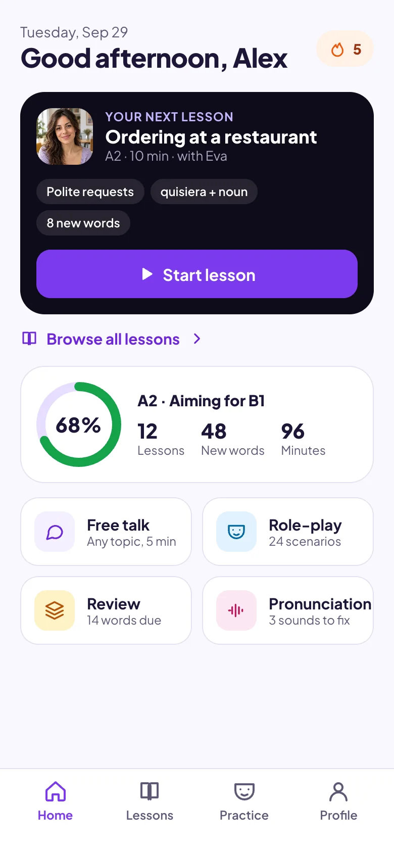 Maia home screen with the next lesson, Ordering at a restaurant